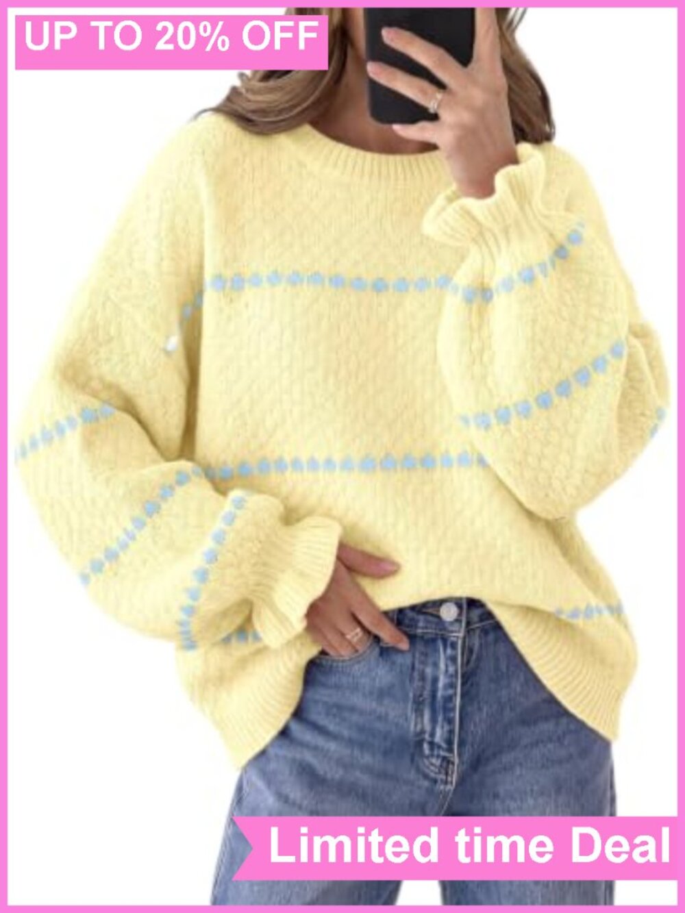 Womens Heart Sweater Oversized Chunky Knit Pullover Lantern Sleeve